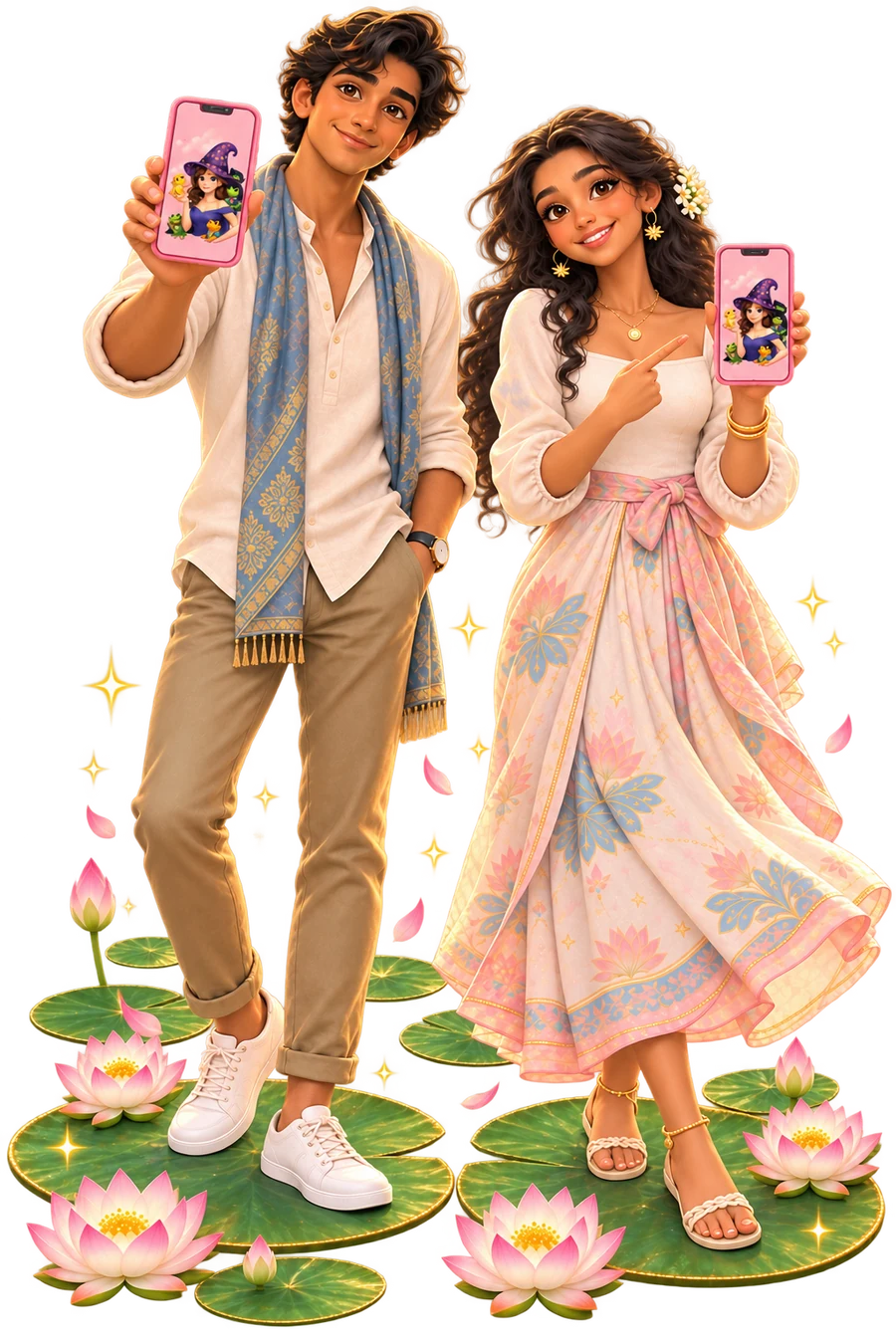 Two people on lily pads, each holding up the FrogDate app