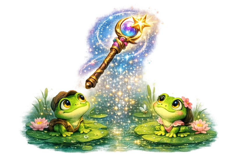 Two FrogDate frogs beneath a magic wand