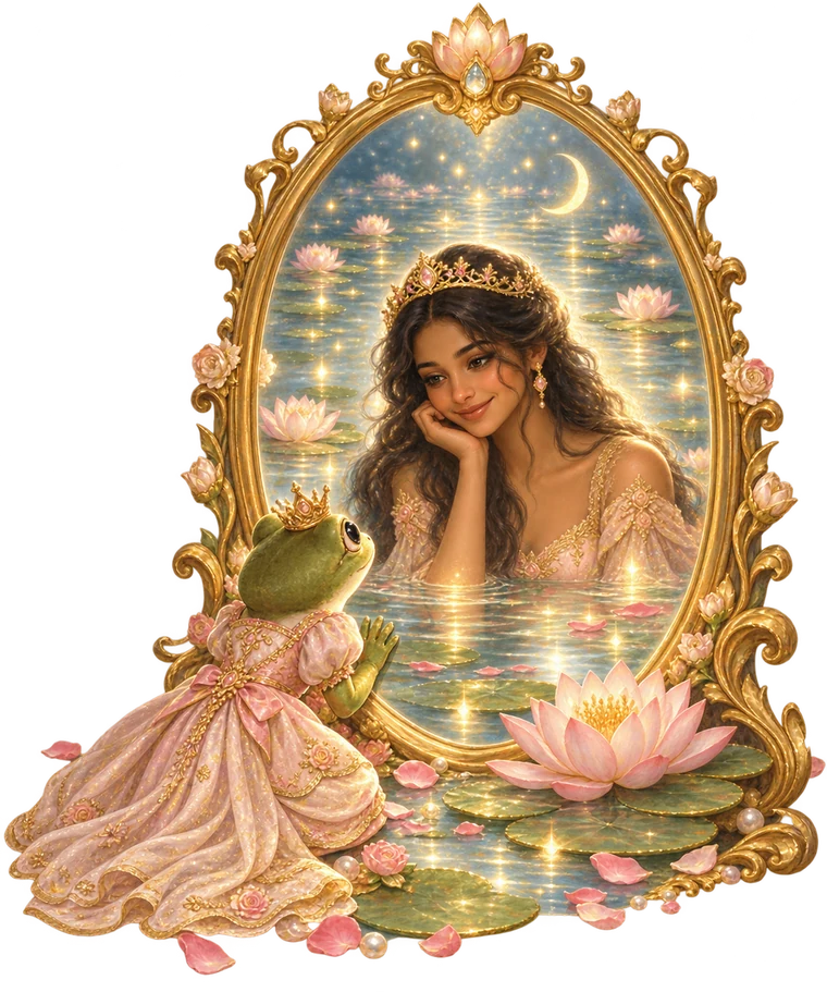 A little frog in a gown gazes into a mirror-pond and sees her transformed self